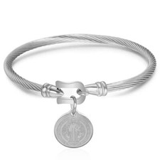 ZARD Saint Benedict Medal Charm Twisted Rope Bangle Bracelet Platinum Plated