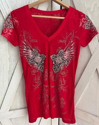 New Vocal Apparel Womens Crystal Red Burnout Floral Wings Biker Shirt S Small