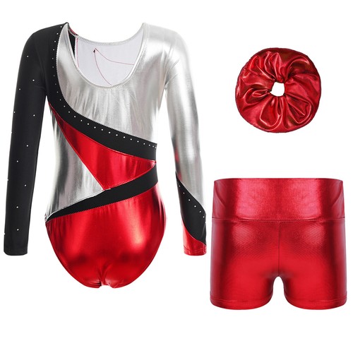 Kids Girls Outfit Metallic Set Rhinestones Dancewear Shiny Round Neckline Dance - Picture 44 of 53