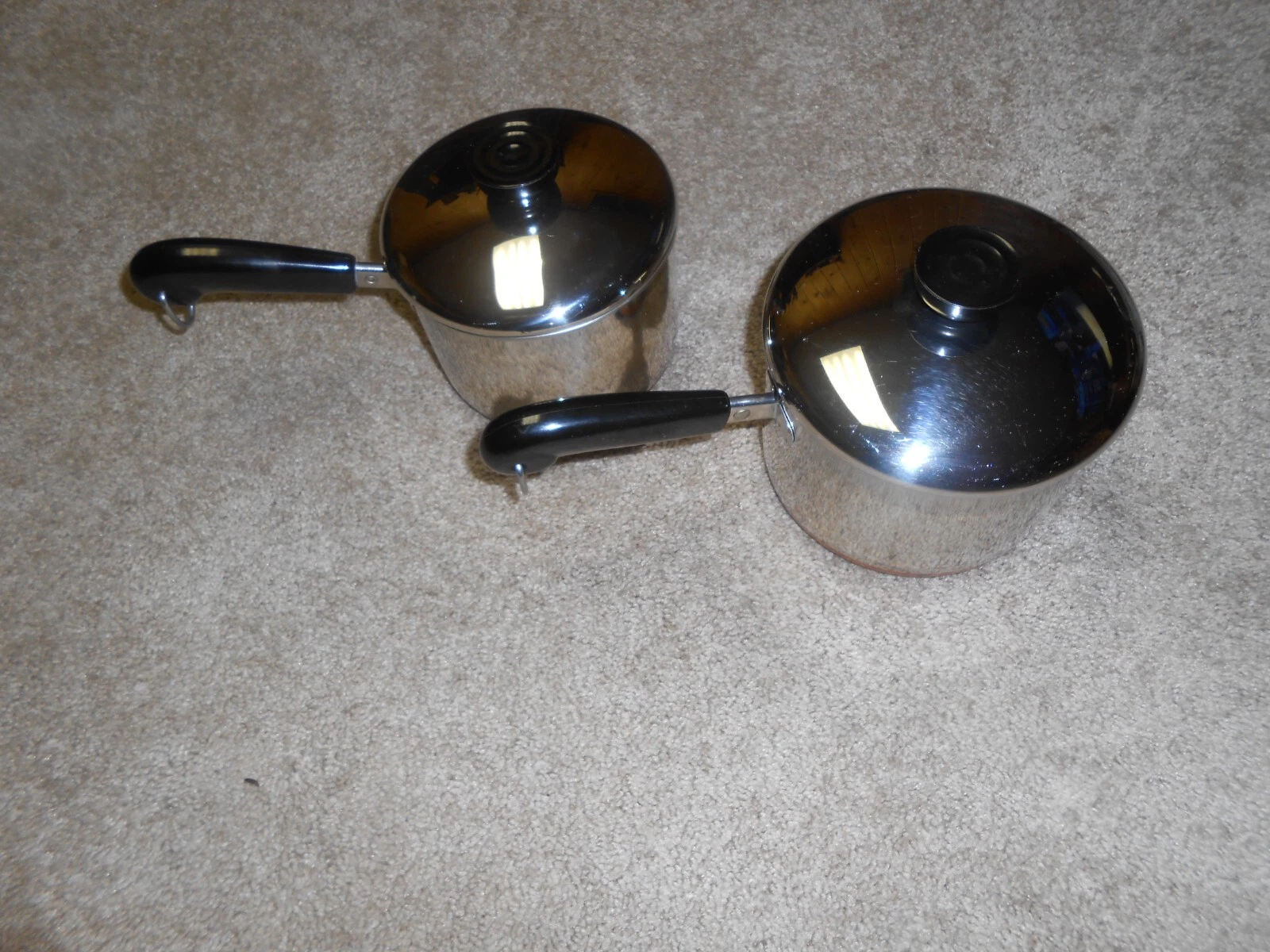 Revere Ware Saucepans 1.5 Qt 2 Qt w/ Lids Copper Bottom 1801 Clinton IL,L USA