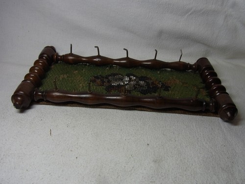 Key Rack Fabric with Glass Pearls and Turned Wood Antique German #M - Picture 7 of 12