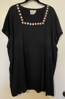 ULLA POPKEN Women's Size 3X Black Square-Neck T-Shirt, Mirror Embroidery Accents