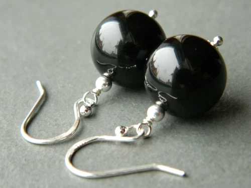 Large 14mm Black Onyx Gemstones & Silver Drop Elegant Handmade Earrings - Picture 5 of 13