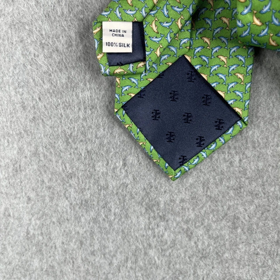 IZOD Dolphins All Obver Print Neck Tie Green COlorful Dolpins Silk - Image 3 of 4