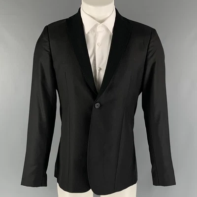 EMPORIO ARMANI Milano Taille 38 Noir Solide Soie Laine Cran Revers Manteau Sport - Photo 1/4