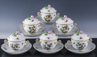 FINE SET 6 HEREND HUNGARY ROTHSCHILD BIRD PORCELAIN LIDDED SOUP CUPS & SAUCERS