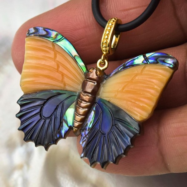 Alternate view of Carved Multicolor Shell Butterfly Pendant Gold Vermeil Sterling Silver 7.34g