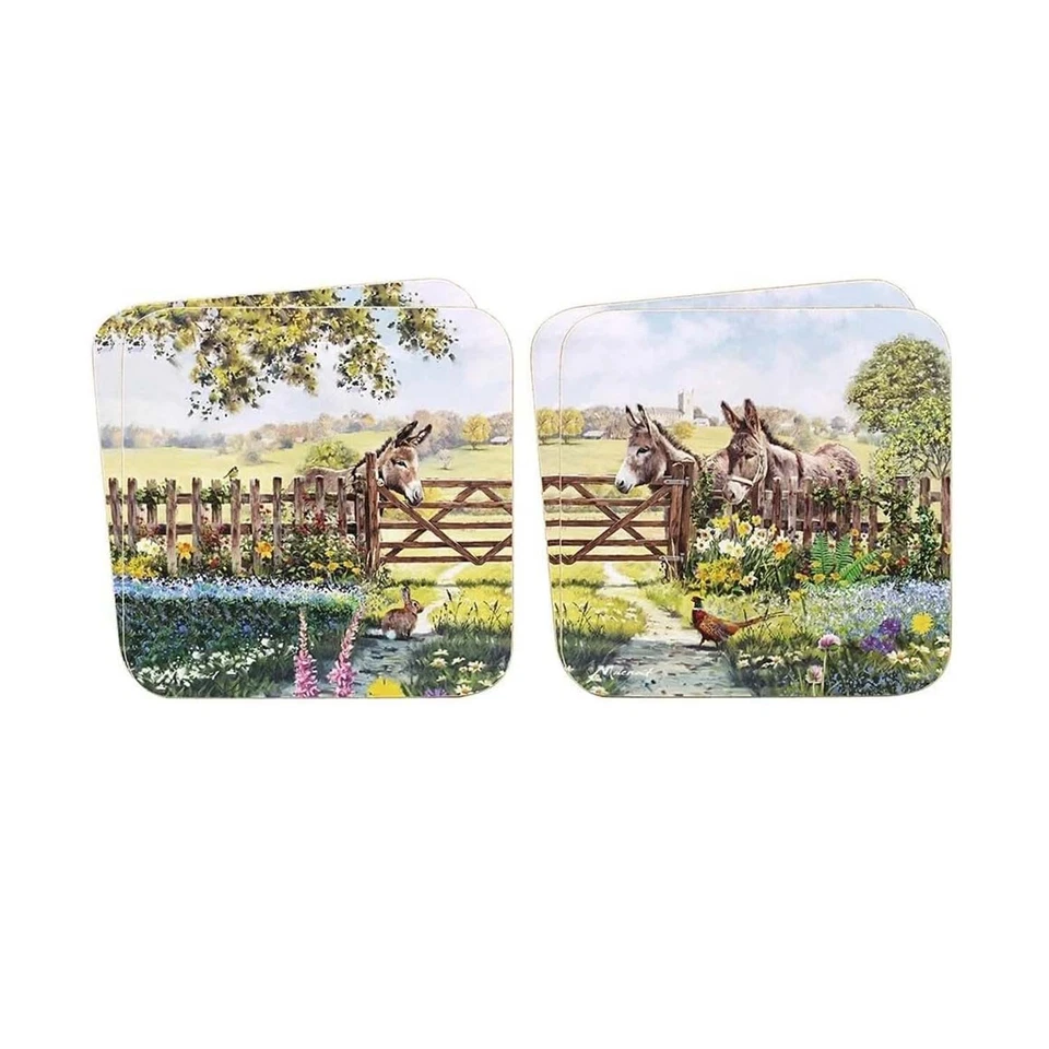 LESSER & PAVEY Coasters Set of 4 Donkey Farm McNeil Studios Square Laminated Cork Drink Pads