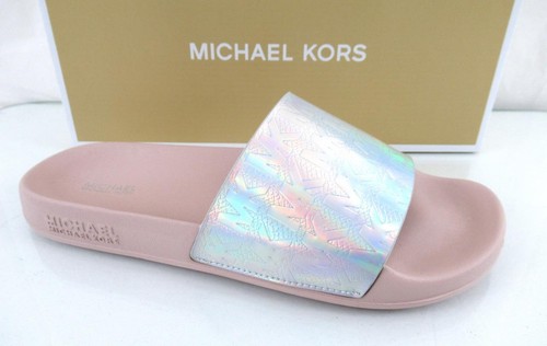 Michael Kors Gilmore Slide Sandals MK Debossed Metallic Silver Multi Size 9