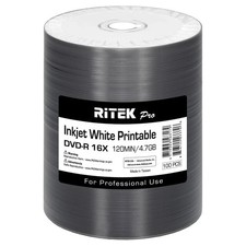 100 Pack Ritek Pro DVD-R 16X 4.7GB White Inkjet Hub Printable Blank Media Disc