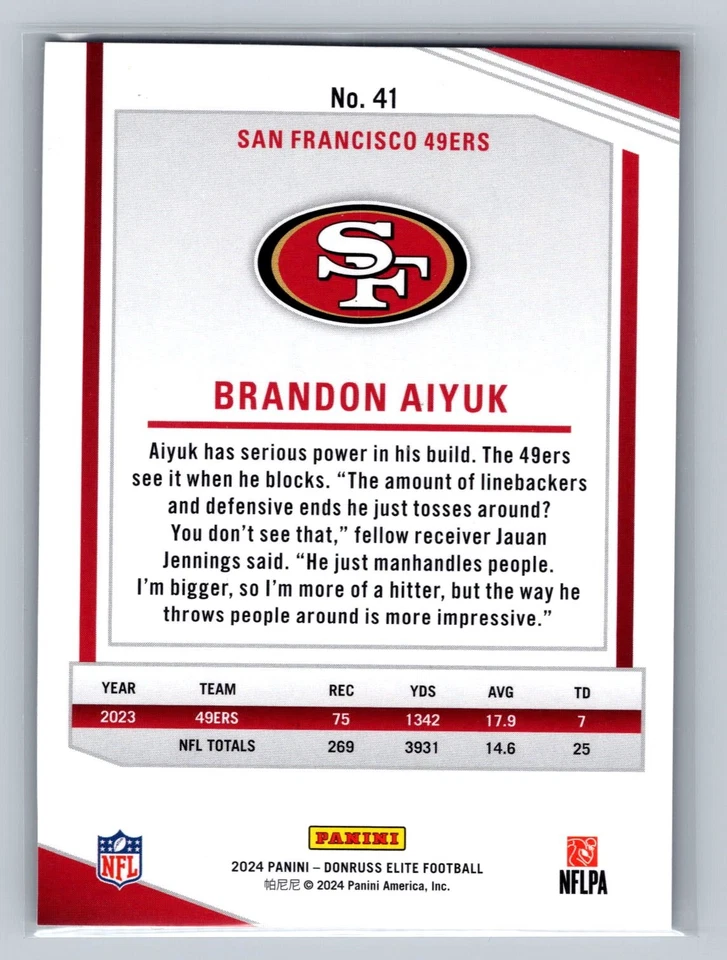 2024 Donruss Elite Brandon Aiyuk Purple #/49 #41 - Image 2 of 2
