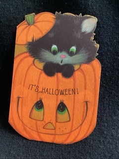 Vintage hallmark Halloween greeting card die cut black Cat Kitten JOL