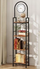Bookshelf, 4 Tier Arched Bookshelf with Built-in Clock, 68.2" Tall Narrow Boo...