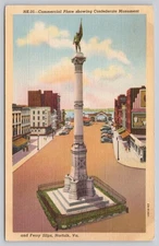 Vintage Linen Postcard Norfolk VA Confederate Monument Commercial Place