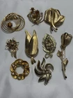 Vintage & Modern Gold Tone Brooch Mixed Lot Of 9 Costume Jewelry