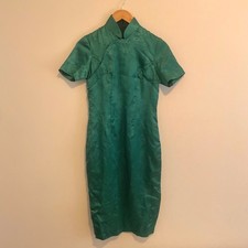 Vintage Silk Cheongsam Qipao Dress 1960s Green Floral Brocade Size S