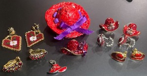Vintage ~ Red Hat Society Jewelry ~ 5 Pairs of Earrings ~ 2 Pins ~ 1 Pendant