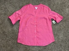 NWT CHARTER CLUB Pink 100% Linen button Front Blouse Top Roll Tab Sleeve LARGE