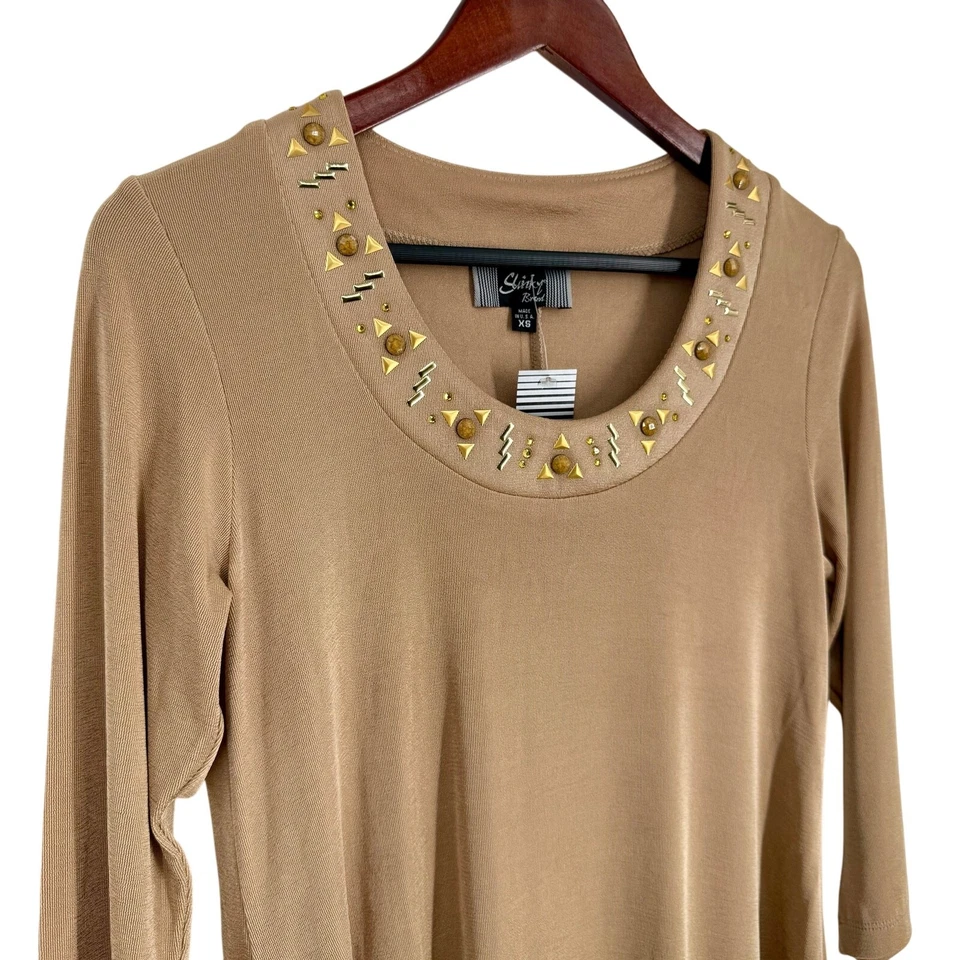 NEW NWT Slinky Brand XS Brown Formal Artsy Wearable Art Blouse Shirt Top - Image 3 of 4