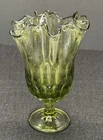 Vintage Green Glass Honeycomb Thumbprint Handkerchief Vase