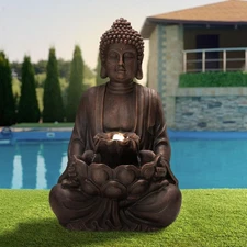 Buddha Fountain with Pump & LED Light, 2 Tier Zen Style Meditating Buddha Wat...