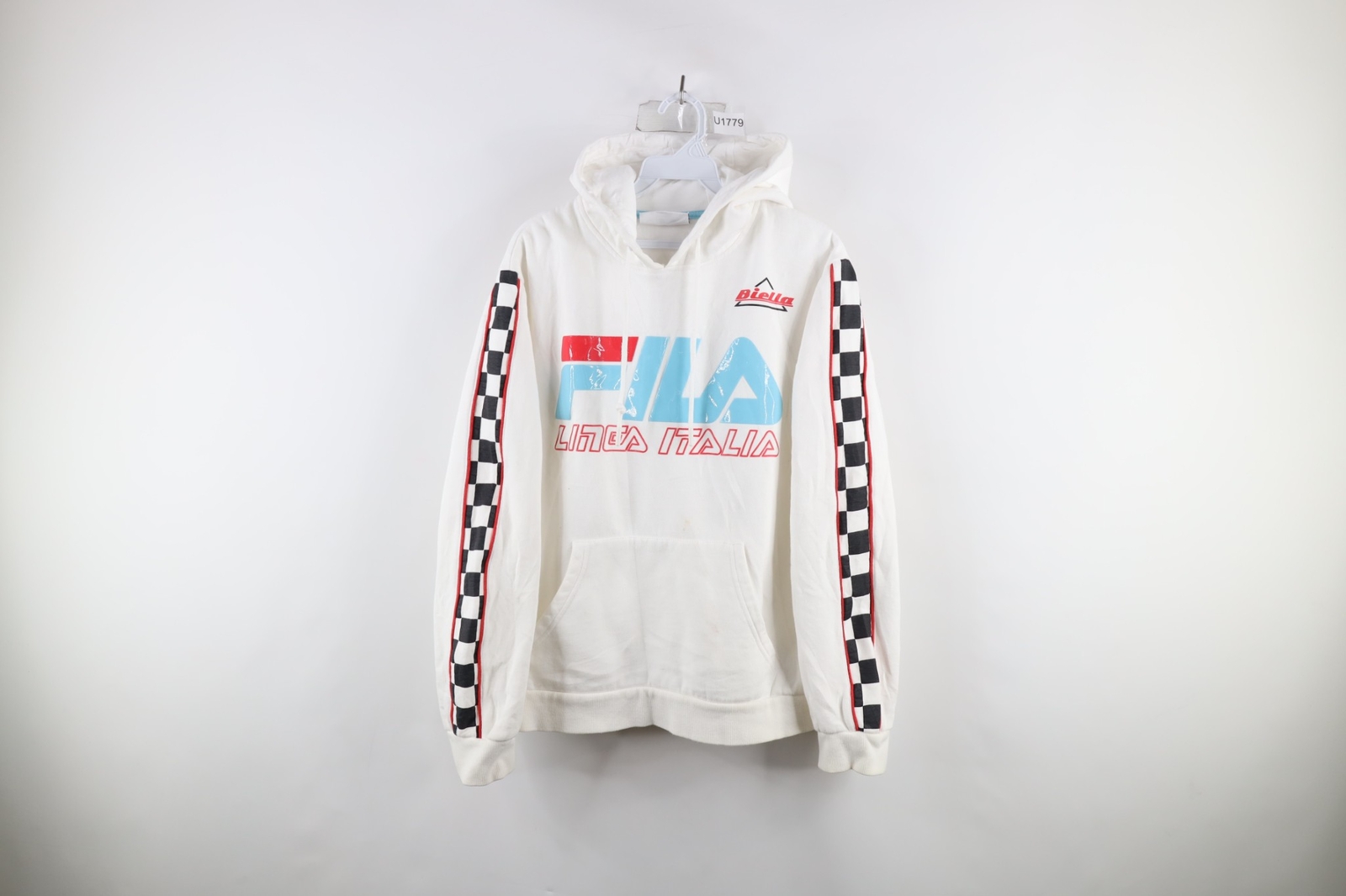 Felpa con cappuccio vintage Fila uomo Medium Spell Out Biella Linea Italia Racing bandiera a scacchi