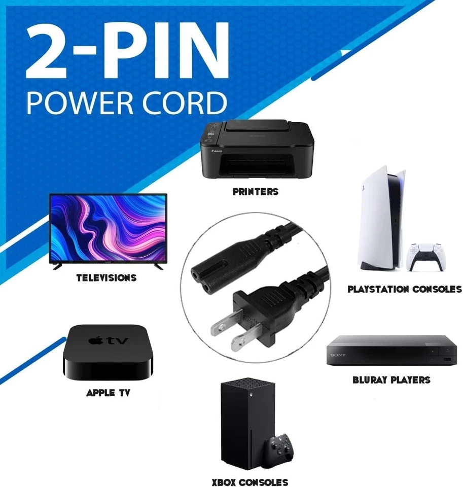 AC Power Cord 2 Prong Cable for PS 5 4 3 2 Slim XBOX PC Laptop PSV Monitor TV - Image 4 of 4