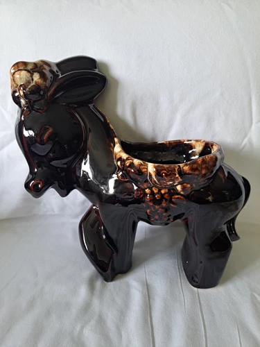 Vintage McCoy USA 1950s Ceramic Donkey Planter Brown Drip Glaze 10" Tall