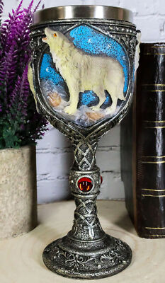 Ebros Gift Celtic Gray Wolf Rhinestone Figurine Goblet 7.5'' Height Home Decor