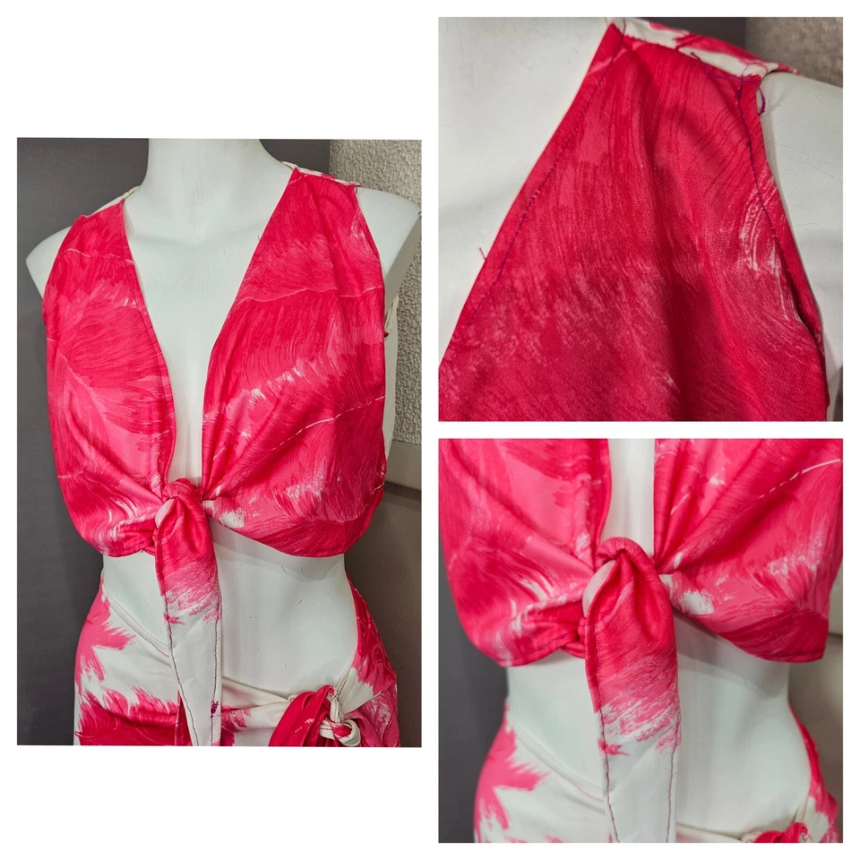 Beach Swim Cover Up Tie Crop Top Sarong Skirt 2 pc M L XL Pink White Floral - Image 3 of 4