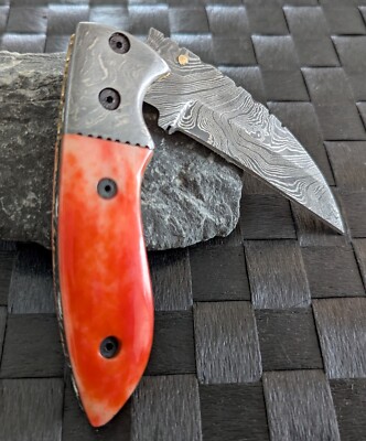 DAMASTMESSER FOLDER HANDMADE 256 LAGEN CAMELBONE ROT 30