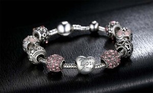 Authentic 18k White Gold Plated Pink Crystal LOVE Heart Charm Bracelet Made With Swarovski