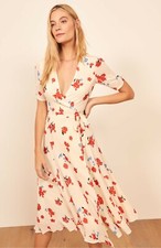 REFORMATION Chagall Cream Red Floral Print NAPA Wrap Midi Crepe Dress XS = 0 NWD