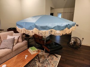 8.5ft Rare Vintage Outdoor Patio Umbrella Cotton Fringed Spectacular Condition!