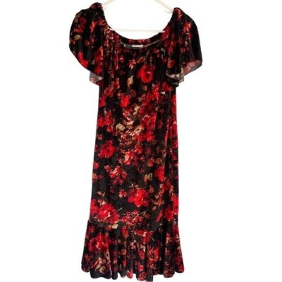 Lularoe velvet off shoulder Floral Print Dress Ruffle Black Red sz L Knee  Length