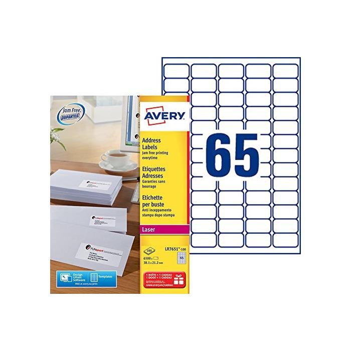 Étiquettes adresse Avery LR7651-100 blanches recyclées laser boîte de 6500