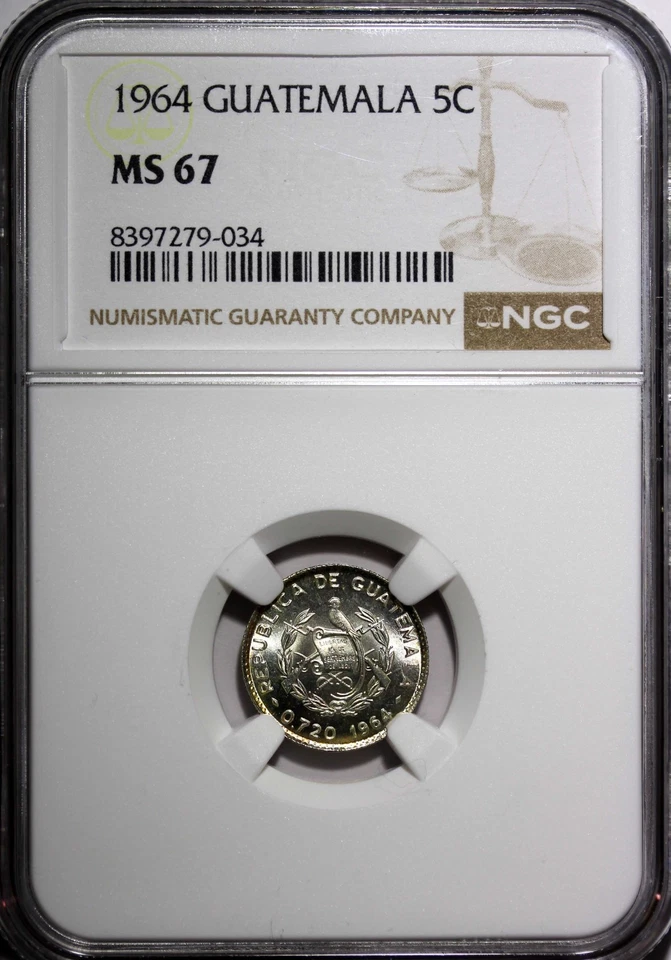 GUATEMALA Silver 1964 5 Centavos NGC MS67 GEM BU MINT LUSTER KM# 261 (034) - Image 2 of 4