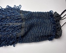 Vintage Flapper Black Navy Blue Beaded Fabric Drawstring Handbag Floral Lining