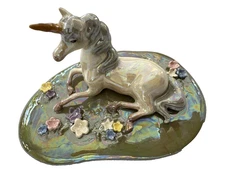 Vintage Hagen Renaker HR Green Luster Glazed Lying Unicorn on Base
