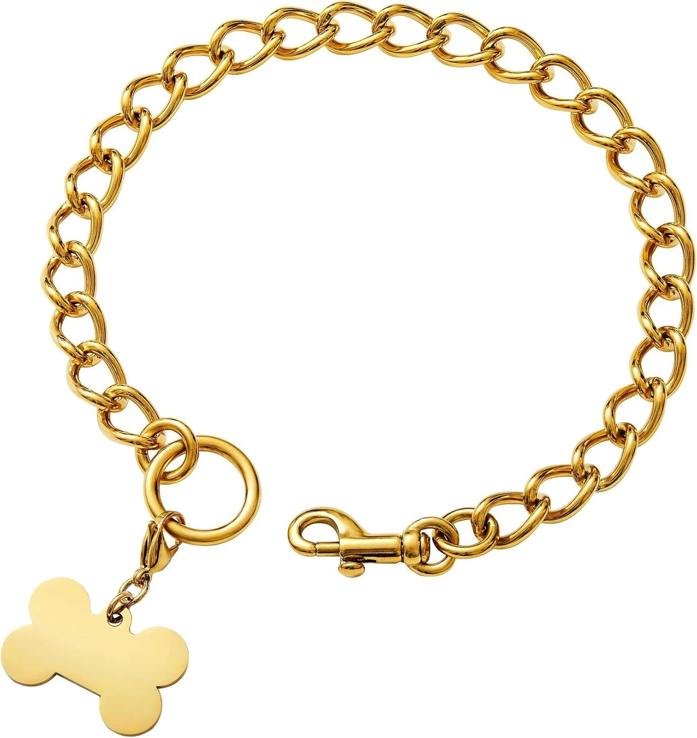 Gold Chain Dog Collar Adjustable Clip Bone ID Tag 16 inch Stainless Steel