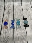 Vintage Murano Glass Art Wrapped Candy 4 Pieces Blue Green Speckles Stripes
