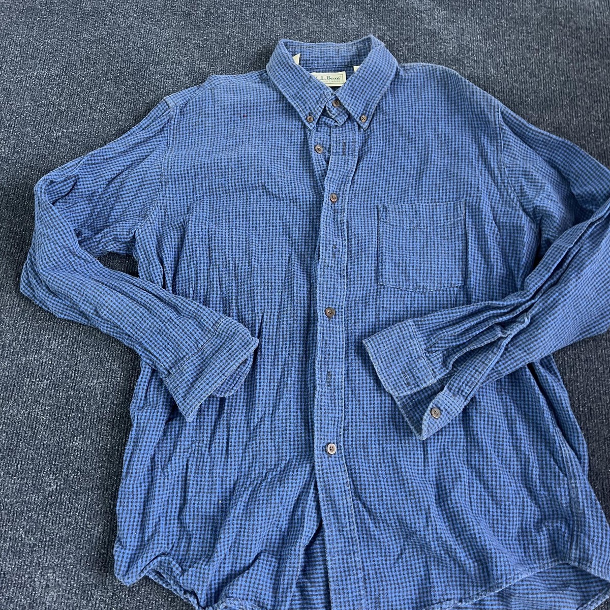 Vintage LL Bean Shirt Mens Large Blue Black Houndstooth Flannel 