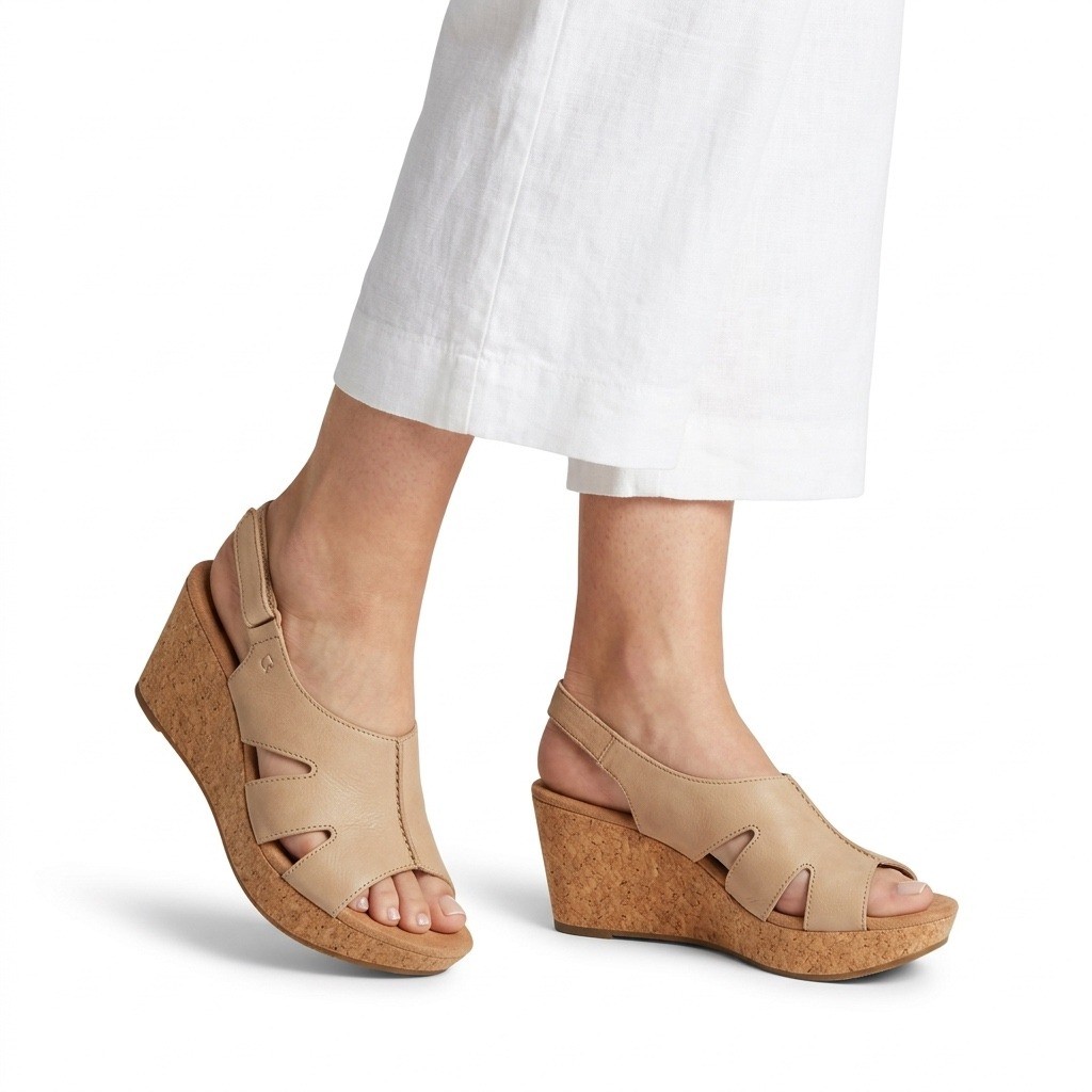 Clarks Collection Annadel Bari Womens US 7M Nubuck Leather Beige Wedge Sandals
