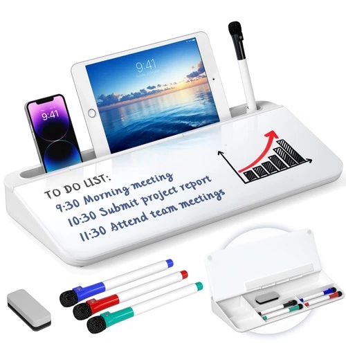 Nicpro Glass Desktop Whiteboard with Storage – Small Dry Erase Board 40 x 18cm