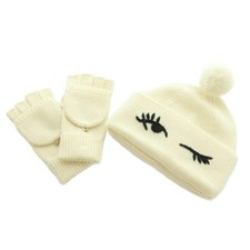 Kate Spade Winkingeye Beanie And Mittens Box Set Knit Hat Gloves Embroidery Wool