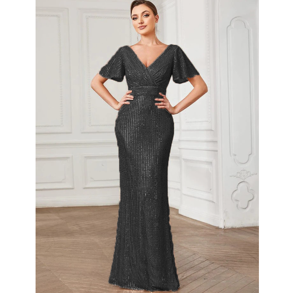 Women Beading Deep V Neck Velour Sequin Evening Sexy Party Maxi Dress Long Prom Dress