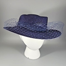 Blue Straw Evening Church Hat w/ Lace and Bow Elastic Chin Strap - One Size