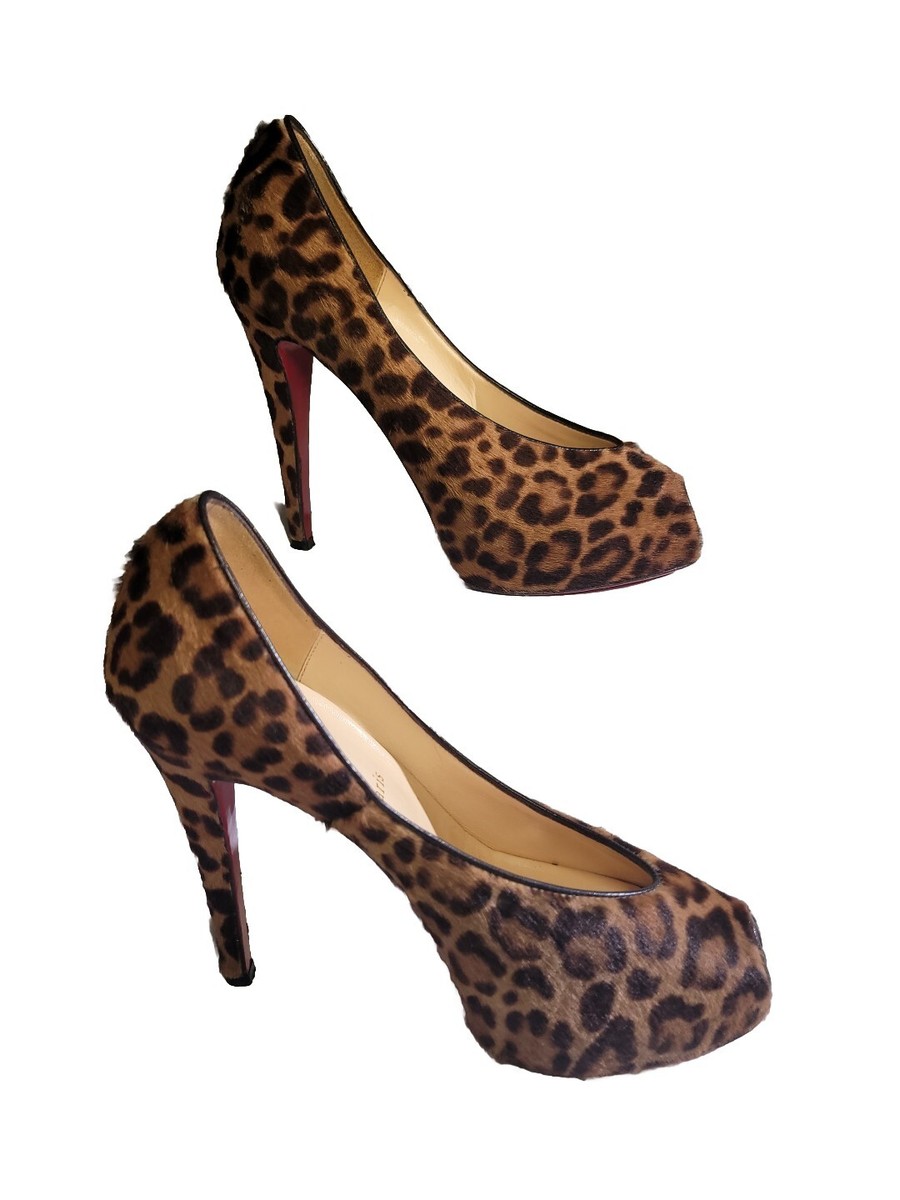 LV Christian Louboutin Leopard Calf Hair Peep Toe Pump Authentic