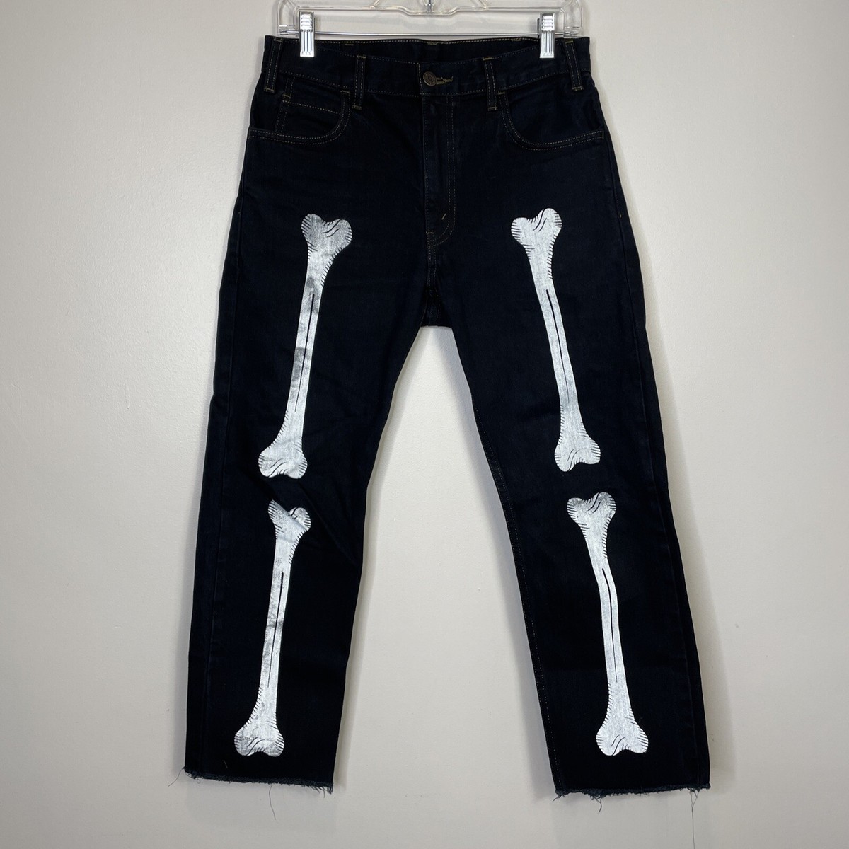Levis Custom Orange Tab Rigid Black Denim Jeans with Skeleton Print Cropped  29