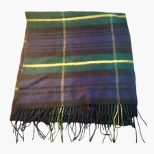 Tartan Plaid Fringed Scarf Wool Green Navy Yellow 56 X 12